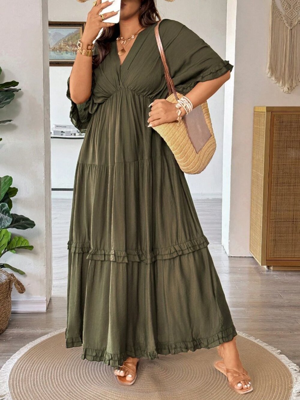 Army Green Casual Women's Plus Size Boho Ruffle V-Neck Maxi Dress - Picture 5 of 7